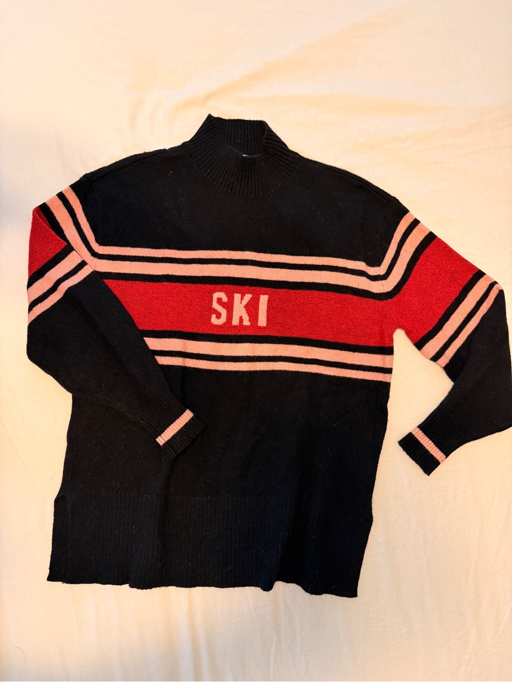 LOFT Black Turtleneck Sweater with Red and Pink Stripes